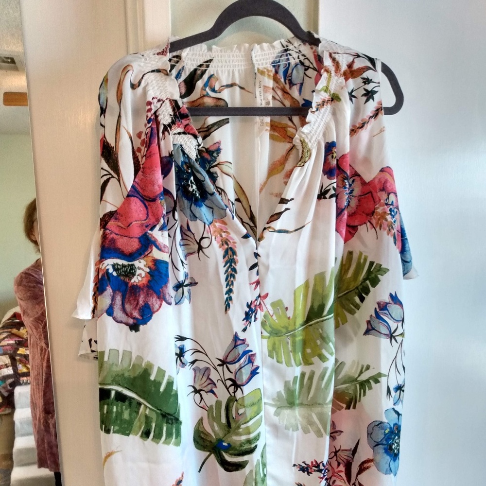 Silk-like Elbow-Sleev Cold-shoulder Hawaiian Tunic